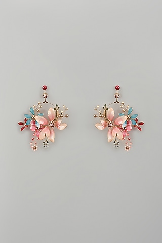 Gold Finish Pink Enameled Handcrafted Floral Hoop Earrings by THE BEAUTIFUL SECRET