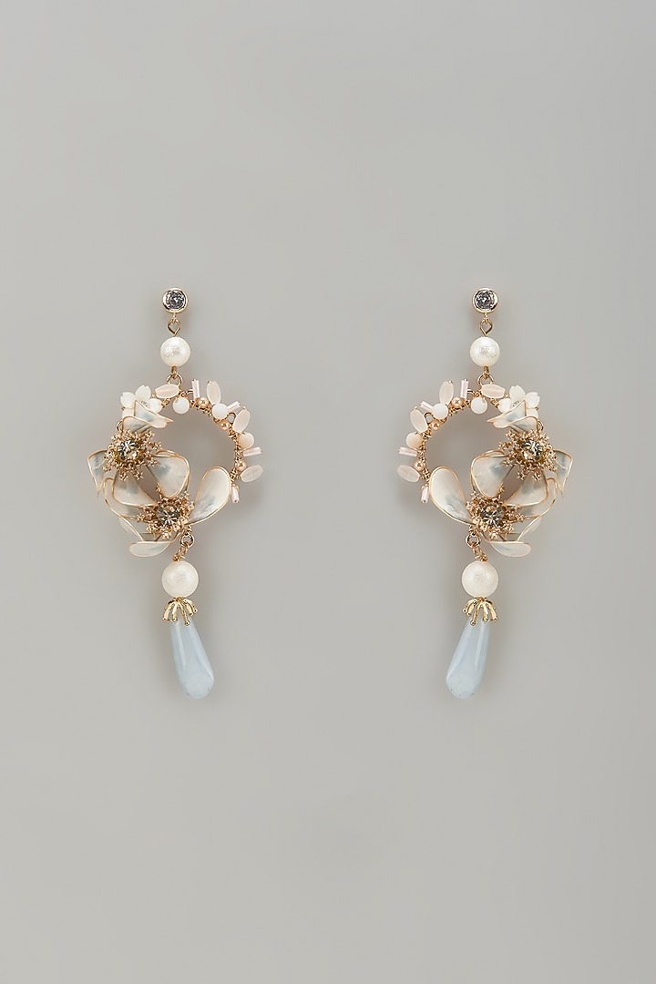 Gold Finish Blue Stone & Pearl Hoop Earrings by THE BEAUTIFUL SECRET at Pernia's Pop Up Shop