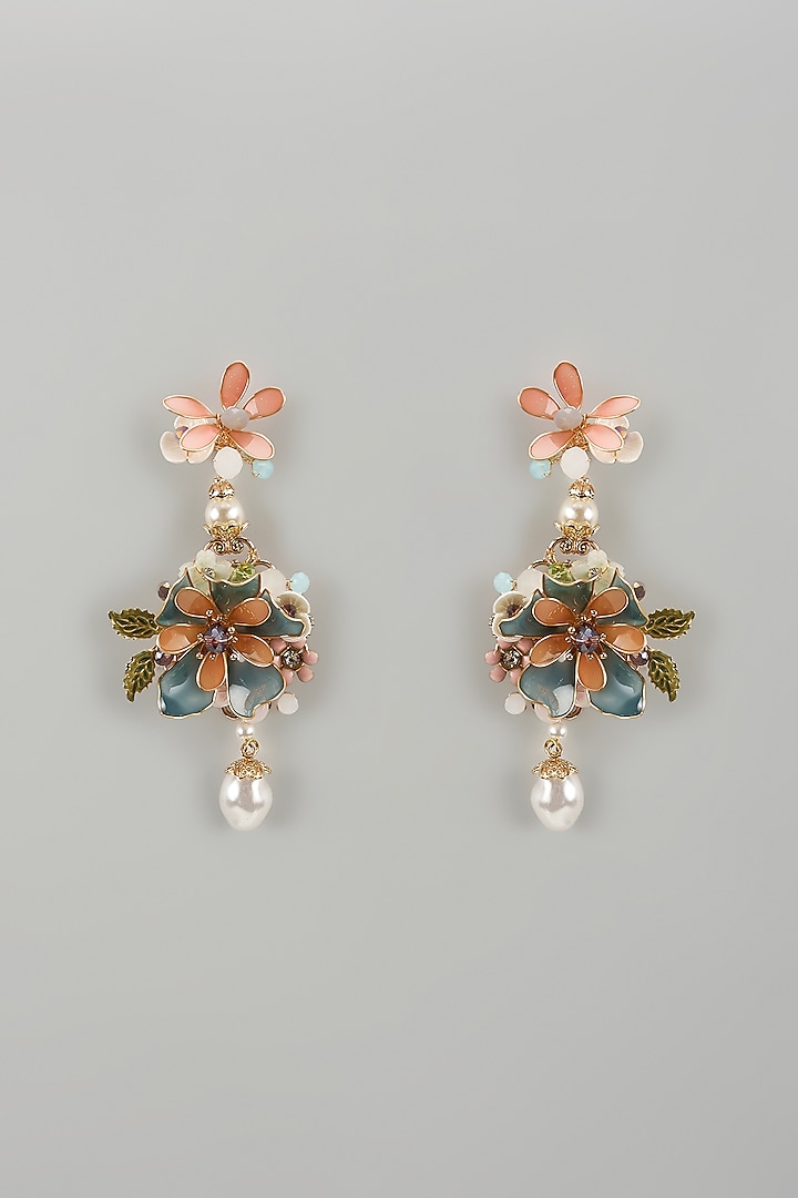 Gold Finish Multi-Colored Enameled Handcrafted Floral Dangler Earrings by THE BEAUTIFUL SECRET at Pernia's Pop Up Shop