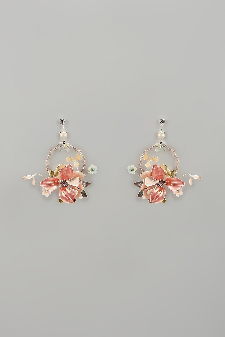 Gold Finish Pink Enameled Handcrafted Floral Hoop Earrings by THE BEAUTIFUL SECRET at Pernia's Pop Up Shop