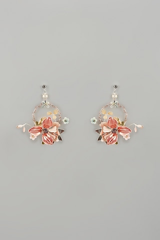 Gold Finish Pink Enameled Handcrafted Floral Hoop Earrings by THE BEAUTIFUL SECRET