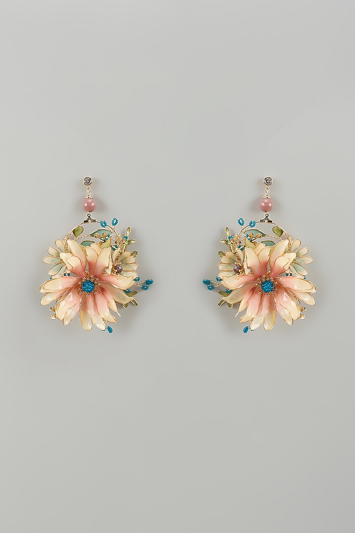 Gold Finish Pink Enameled Handcrafted Floral Hoop Earrings by THE BEAUTIFUL SECRET at Pernia's Pop Up Shop