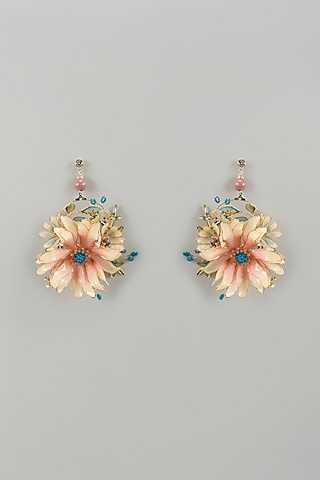 Gold Finish Pink Enameled Handcrafted Floral Hoop Earrings by THE BEAUTIFUL SECRET
