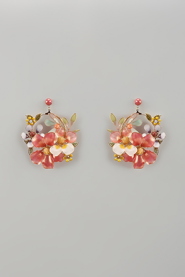Gold Finish Pink Enameled Handcrafted Floral Hoop Earrings by THE BEAUTIFUL SECRET at Pernia's Pop Up Shop