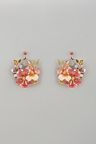 Gold Finish Pink Enameled Handcrafted Floral Hoop Earrings by THE BEAUTIFUL SECRET