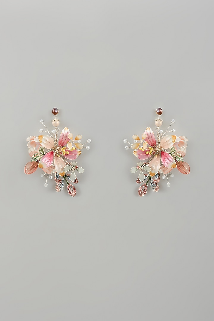 Gold Finish Pink Enameled Handcrafted Floral Dangler Earrings by THE BEAUTIFUL SECRET at Pernia's Pop Up Shop