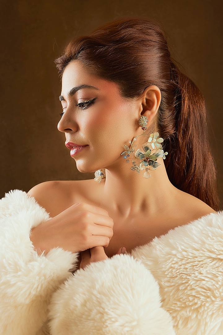 Blue Enameled Floral Dangler Earrings by THE BEAUTIFUL SECRET at Pernia's Pop Up Shop