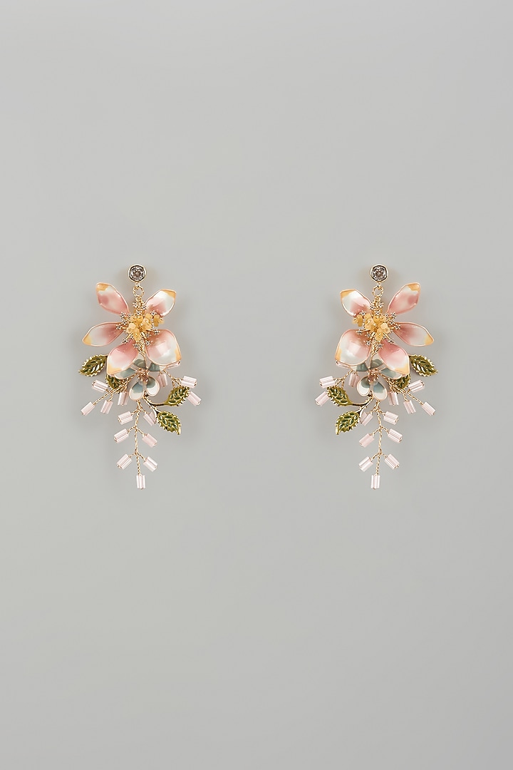 Gold Finish Pink Enameled Handcrafted Floral Dangler Earrings by THE BEAUTIFUL SECRET at Pernia's Pop Up Shop