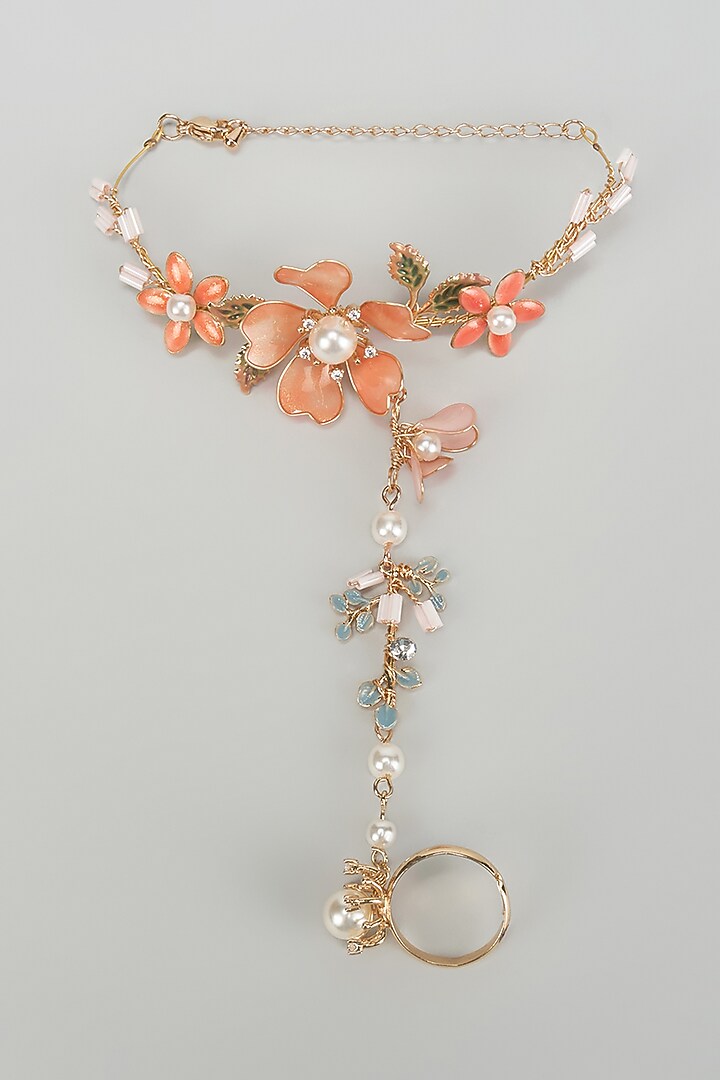 Gold Finish Orange & Blue Stone Adjustable Hathphool by THE BEAUTIFUL SECRET at Pernia's Pop Up Shop
