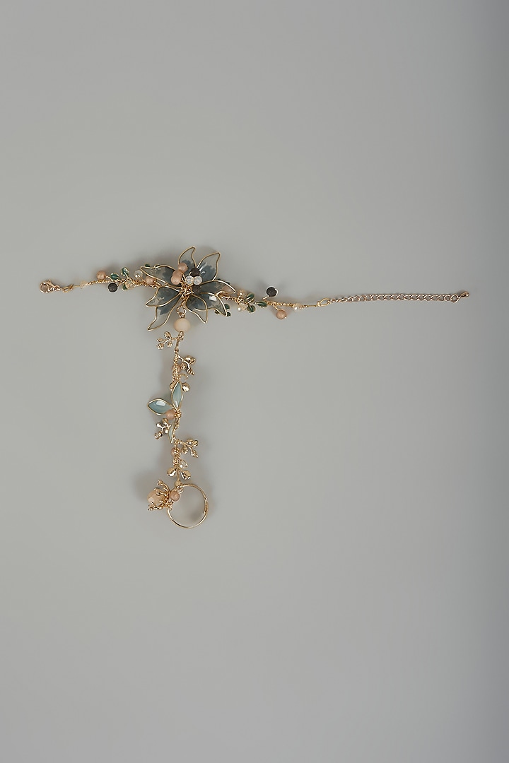 Gold Finish Blue Enameled Handcrafted Adjustable Floral Hand Harness by THE BEAUTIFUL SECRET at Pernia's Pop Up Shop