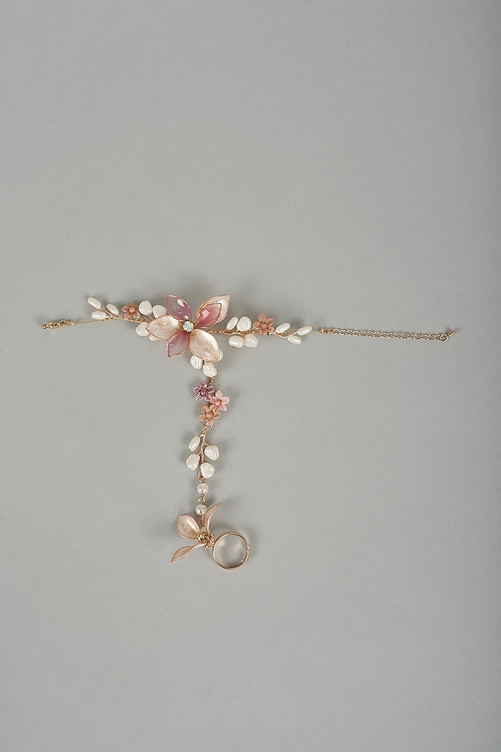 Gold Finish Pink Enameled Handcrafted Adjustable Floral Hand Harness by THE BEAUTIFUL SECRET at Pernia's Pop Up Shop