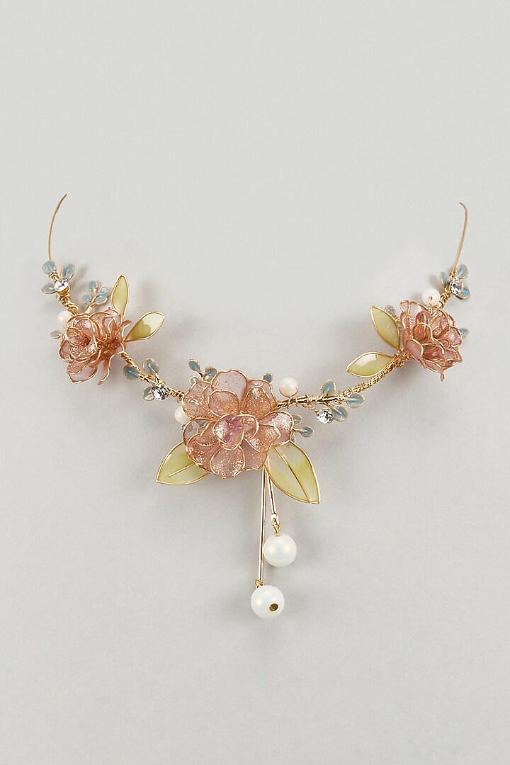 Gold Finish Pink Enameled Handcrafted Adjustable Floral Choker Necklace by THE BEAUTIFUL SECRET at Pernia's Pop Up Shop