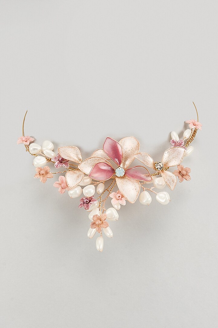 Gold Finish Pink Enameled Handcrafted Adjustable Floral Choker Necklace by THE BEAUTIFUL SECRET at Pernia's Pop Up Shop