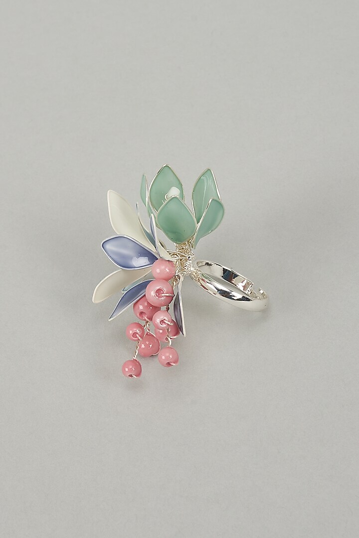 Gold Finish Blue Enameled Handcrafted Adjustable Floral Ring by THE BEAUTIFUL SECRET at Pernia's Pop Up Shop