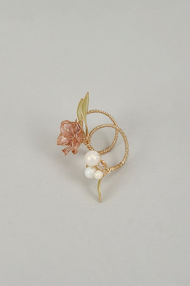 Gold Finish Pink Enameled Handcrafted Adjustable Floral Ring by THE BEAUTIFUL SECRET at Pernia's Pop Up Shop