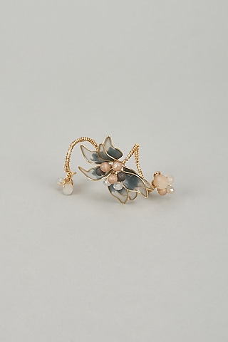 Gold Finish Blue Enameled Handcrafted Adjustable Floral Ring by THE BEAUTIFUL SECRET