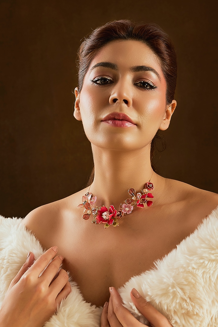 Pink Enameled Floral Necklace by THE BEAUTIFUL SECRET at Pernia's Pop Up Shop