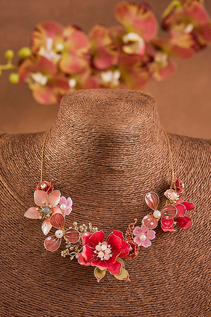 Pink Enameled Floral Necklace by THE BEAUTIFUL SECRET at Pernia's Pop Up Shop