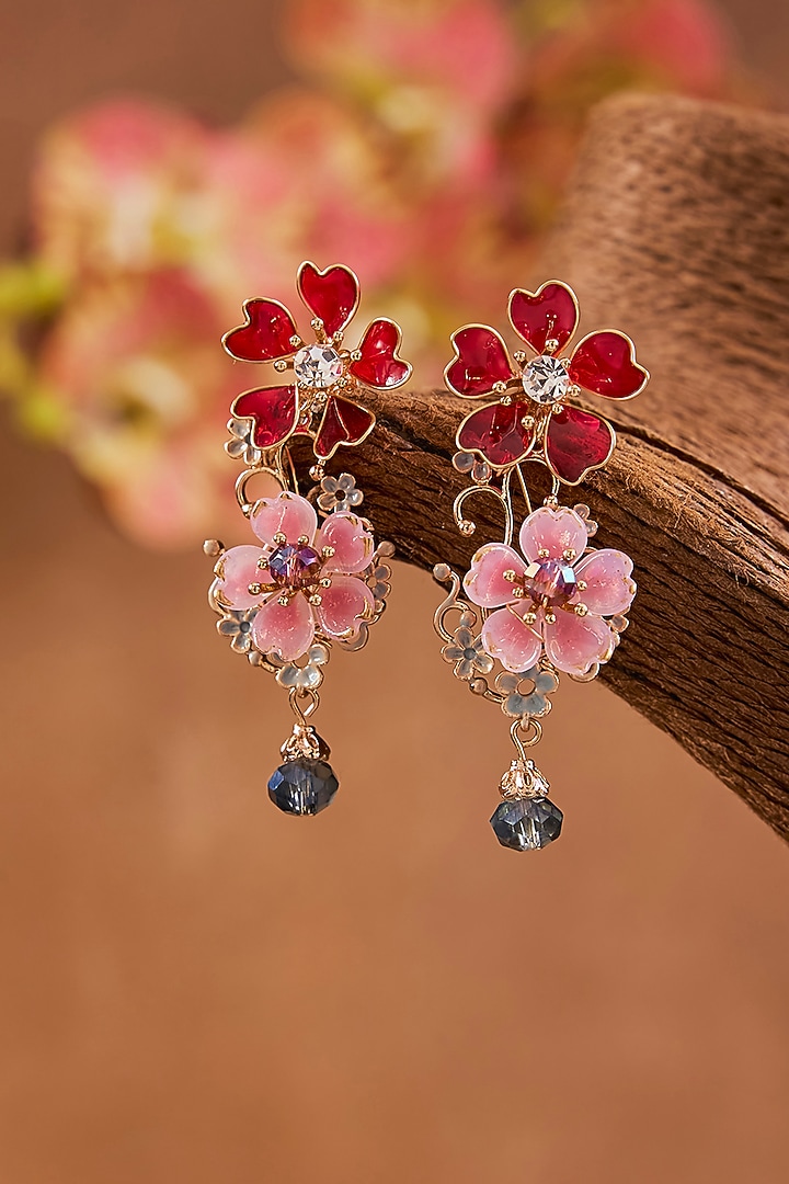 Pink Enameled Floral Dangler Earrings by THE BEAUTIFUL SECRET at Pernia's Pop Up Shop