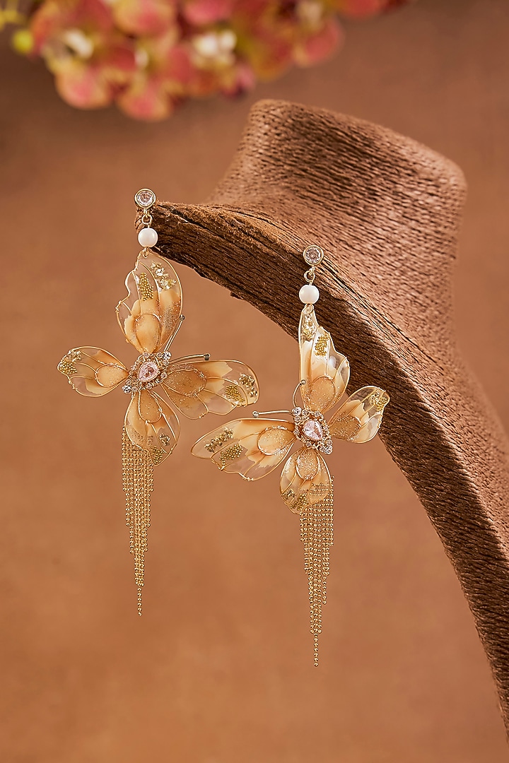 Golden Enameled Floral Dangler Earrings by THE BEAUTIFUL SECRET at Pernia's Pop Up Shop