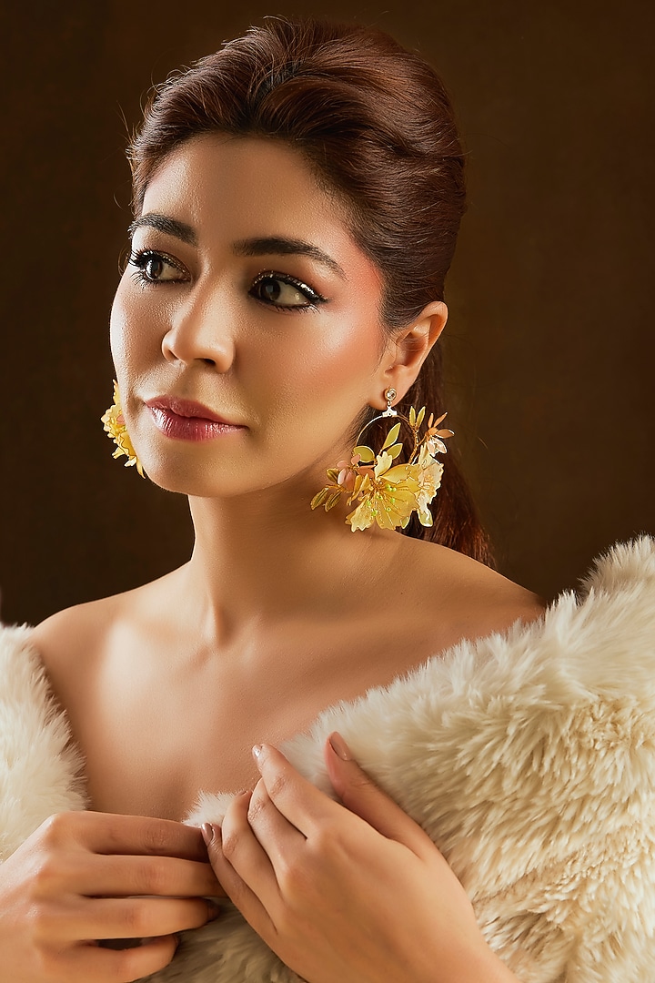 Yellow Enameled Floral Dangler Earrings by THE BEAUTIFUL SECRET at Pernia's Pop Up Shop