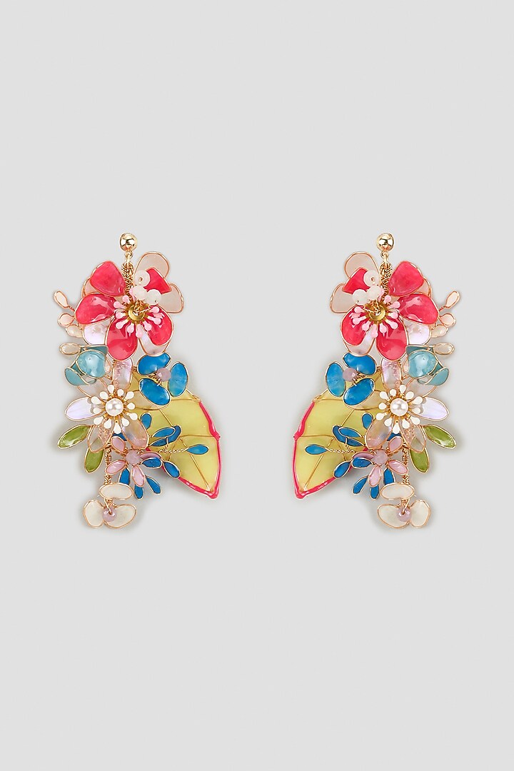 Gold Finish Multi-Colored Enameled Handcrafted Floral Dangler Earrings by THE BEAUTIFUL SECRET at Pernia's Pop Up Shop