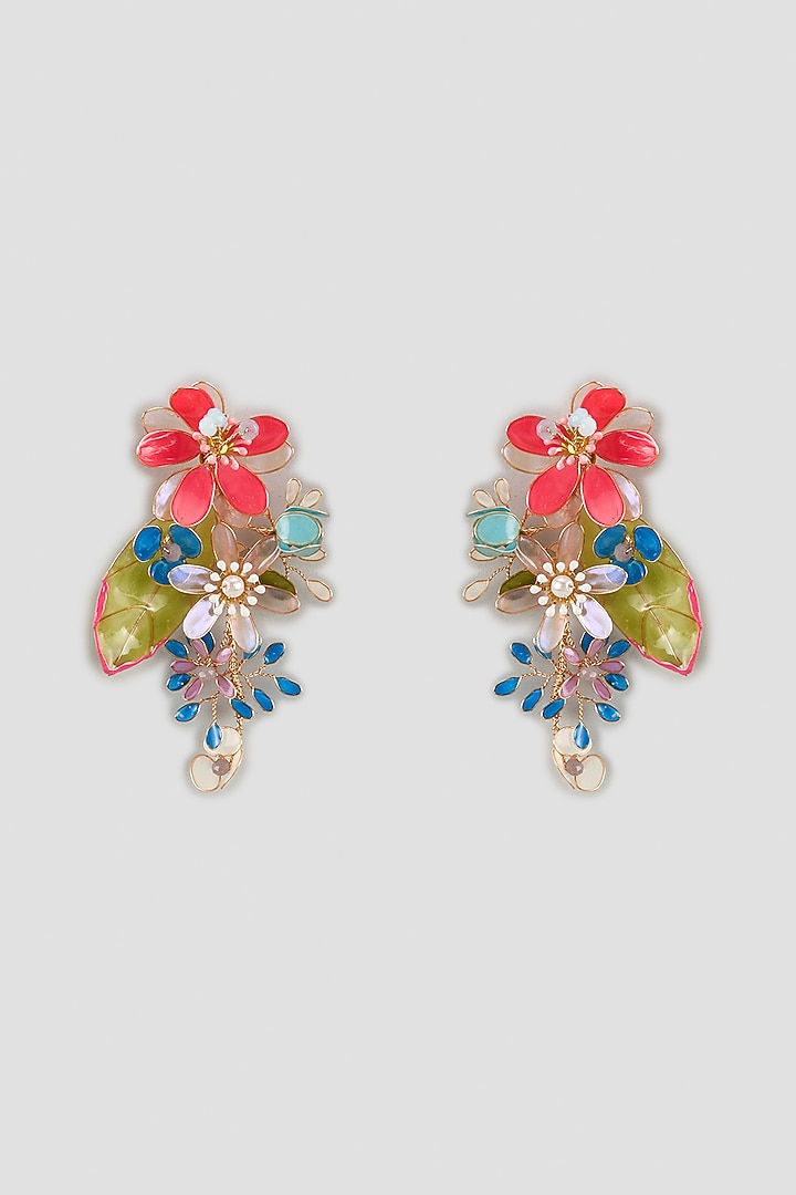 Gold Finish Multi-Colored Enameled Handcrafted Floral Dangler Earrings by THE BEAUTIFUL SECRET at Pernia's Pop Up Shop