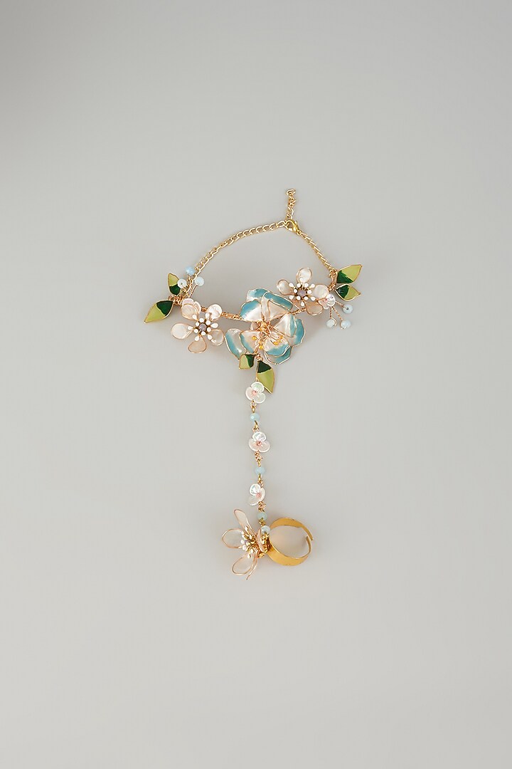 Gold Finish Blue Enameled Floral Handharness by THE BEAUTIFUL SECRET at Pernia's Pop Up Shop