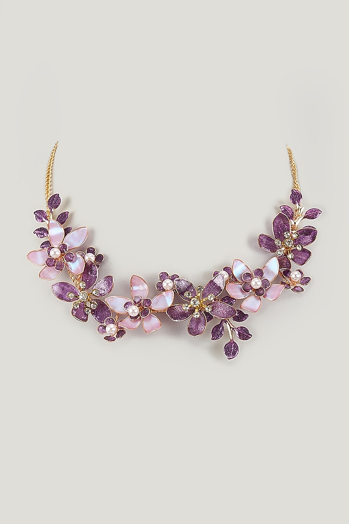 Gold Finish Purple Enameled Floral Choker Necklace by THE BEAUTIFUL SECRET at Pernia's Pop Up Shop