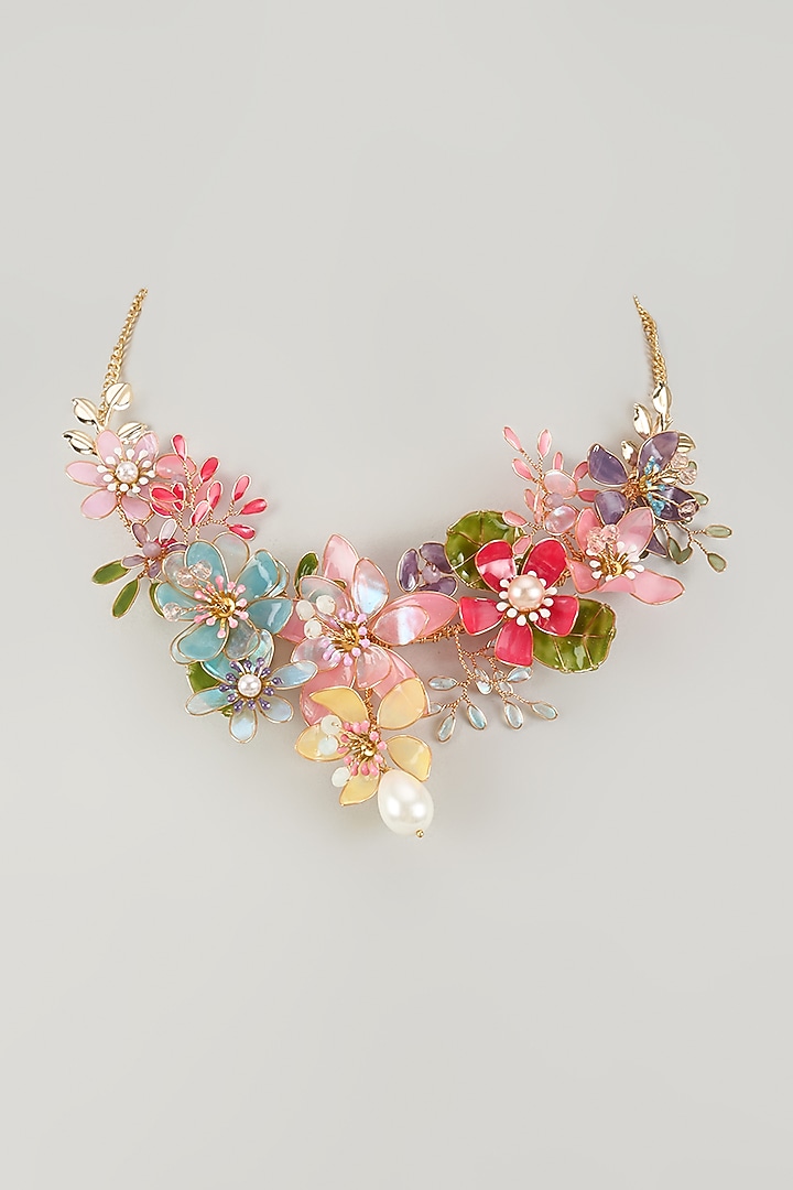 Gold Finish Pearl Multi-Colored Enameled Floral Necklace by THE BEAUTIFUL SECRET at Pernia's Pop Up Shop
