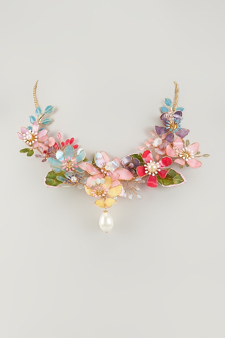 Gold Finish Pearl Multi-Colored Enameled Floral Necklace by THE BEAUTIFUL SECRET at Pernia's Pop Up Shop