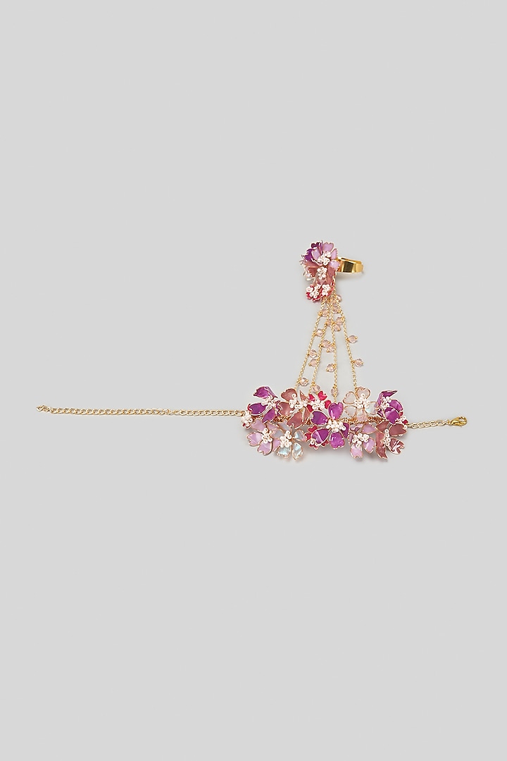 Gold Finish Pearl Enameled Handcrafted Floral Adjustable Hand Harness by THE BEAUTIFUL SECRET at Pernia's Pop Up Shop