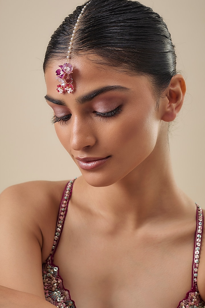 Gold Finish Enameled Handcrafted Floral Maangtikka by THE BEAUTIFUL SECRET at Pernia's Pop Up Shop