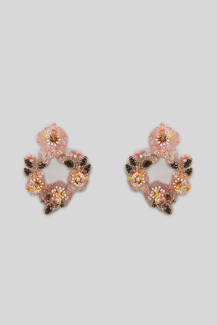 Gold Finish Pink Enameled Handcrafted Floral Earrings by THE BEAUTIFUL SECRET at Pernia's Pop Up Shop