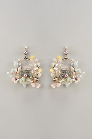 Gold Finish Blue Enameled Handcrafted Floral Hoop Earrings by THE BEAUTIFUL SECRET