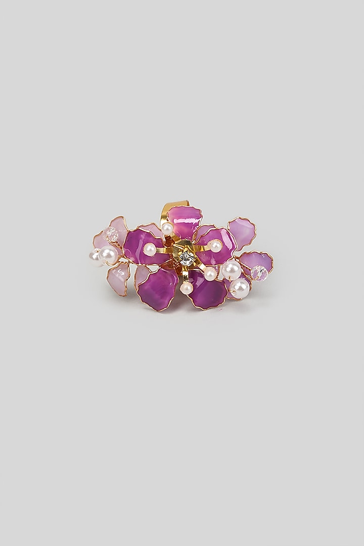 Gold Finish Purple Enameled Handcrafted Adjustable Floral Ring by THE BEAUTIFUL SECRET at Pernia's Pop Up Shop