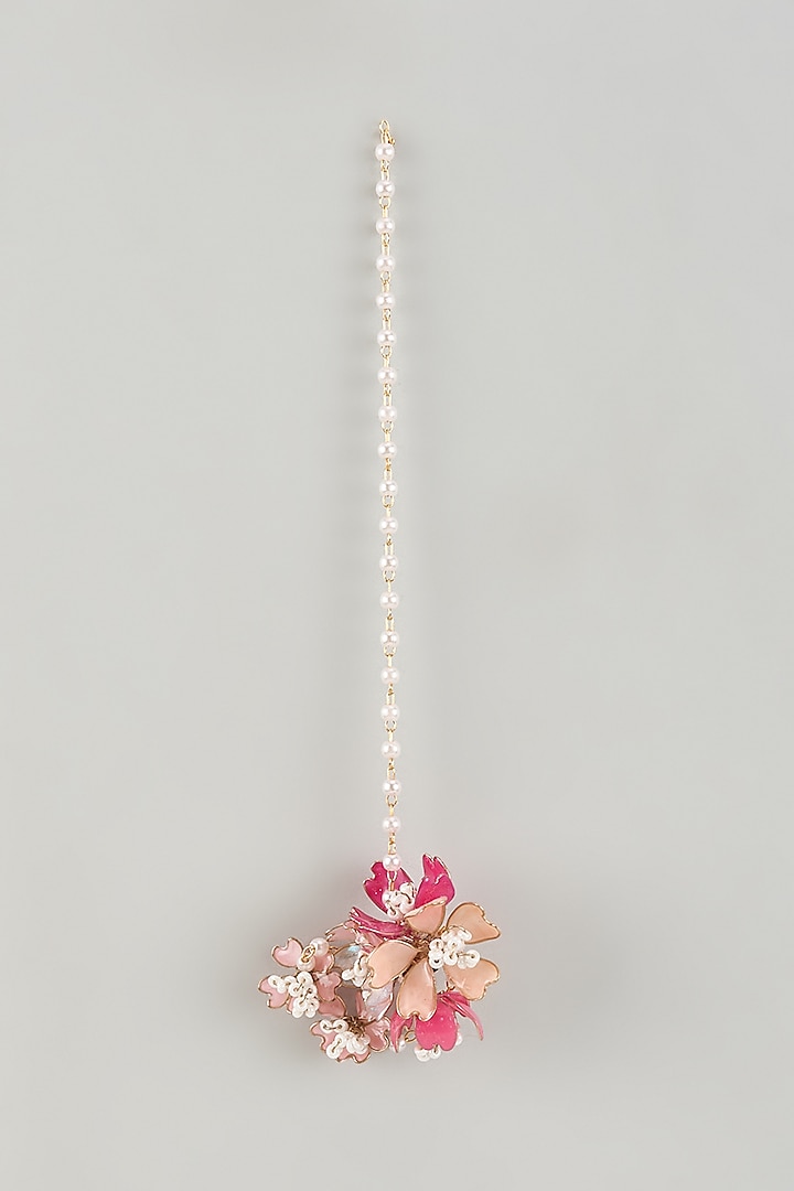 Gold Finish Pink Pearl Enameled Handcrafted Floral Maangtikka by THE BEAUTIFUL SECRET at Pernia's Pop Up Shop