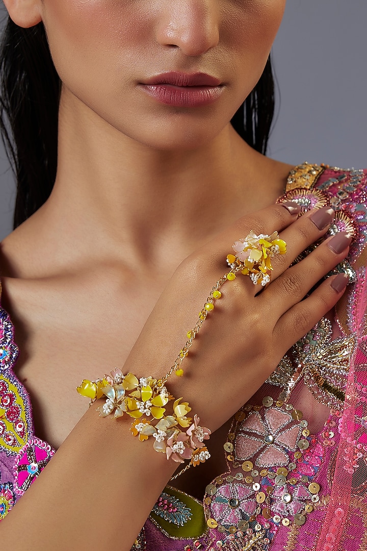 Gold Finish Floral Enameled Handcrafted Adjustable Hand Harness by THE BEAUTIFUL SECRET at Pernia's Pop Up Shop