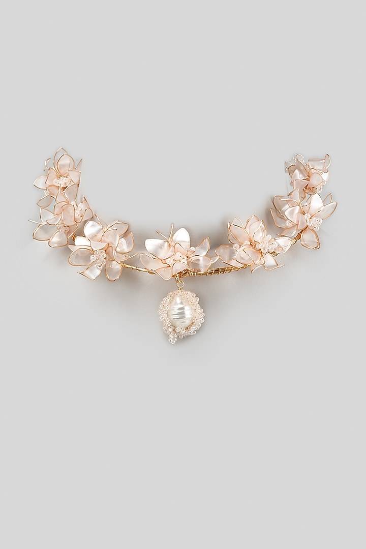 Gold Finish Pearl Pink Enameled Handcrafted Floral Necklace by THE BEAUTIFUL SECRET at Pernia's Pop Up Shop