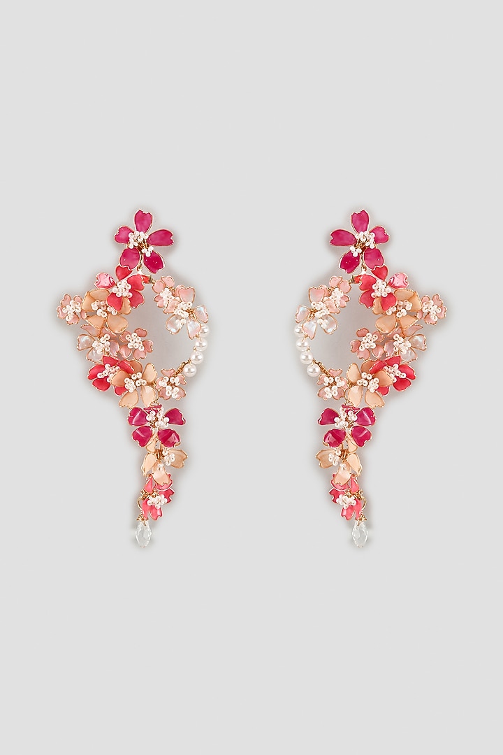 Gold Finish Pink Pearl Enameled Handcrafted Floral Hoop Earrings by THE BEAUTIFUL SECRET at Pernia's Pop Up Shop