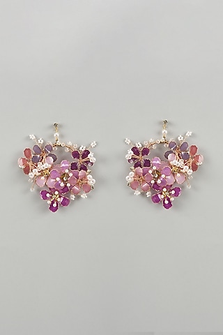 Gold Finish Purple Enameled Handcrafted Floral Hoop Earrings by THE BEAUTIFUL SECRET