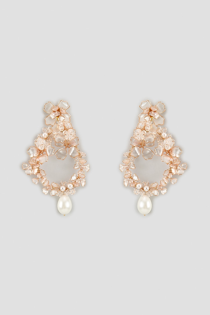 Gold Finish Pearl Enameled Handcrafted Floral Dangler Earrings by THE BEAUTIFUL SECRET at Pernia's Pop Up Shop