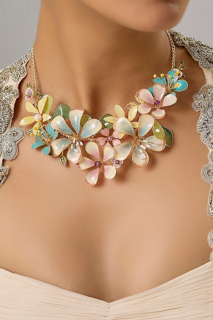 Gold Finish White Enameled Handcrafted Floral Choker Necklace by THE BEAUTIFUL SECRET at Pernia's Pop Up Shop