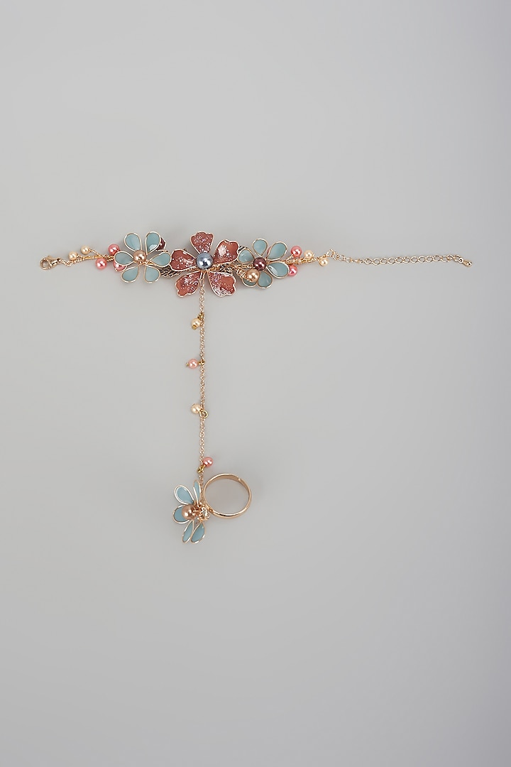 Gold Finish Peach Enameled Handcrafted Floral Hand Harness by THE BEAUTIFUL SECRET at Pernia's Pop Up Shop