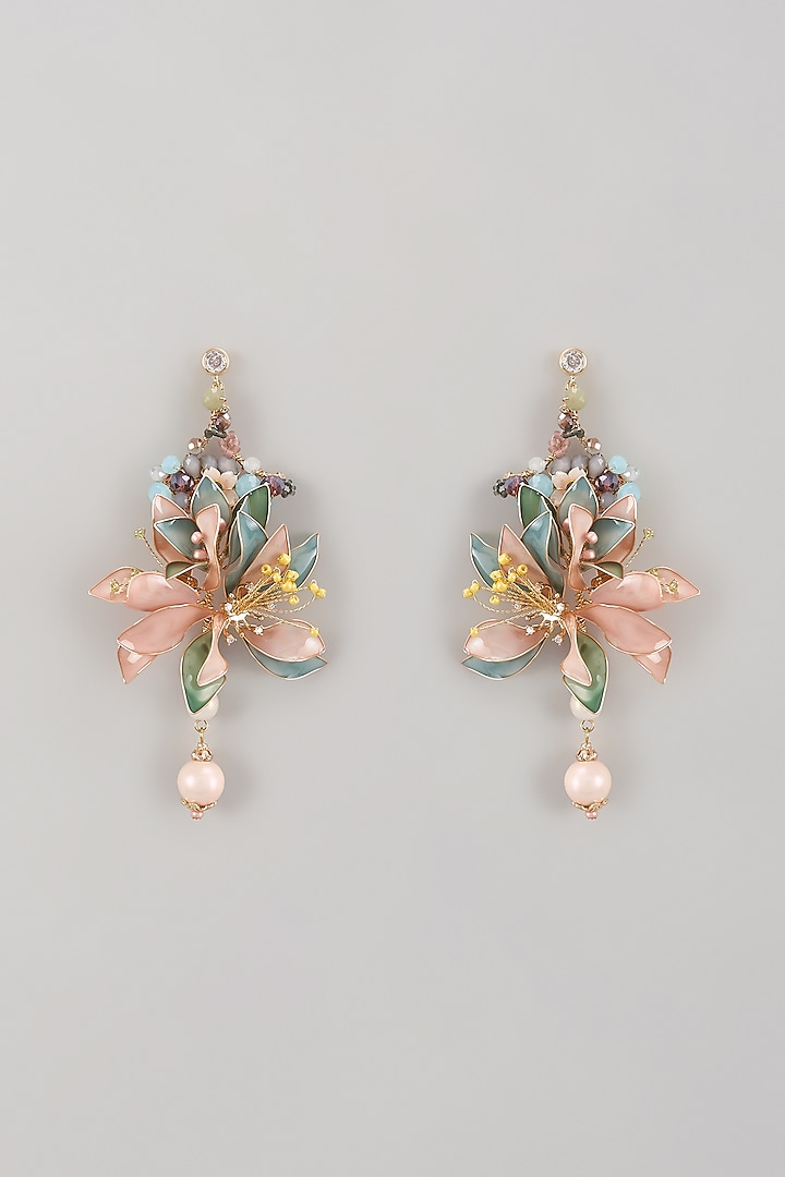 Gold Finish Multi-Colored Enameled Handcrafted Floral Dangler Earrings by THE BEAUTIFUL SECRET at Pernia's Pop Up Shop