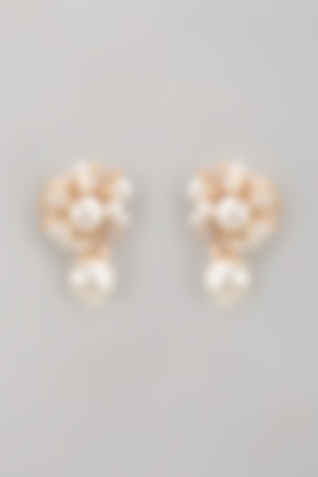 Gold Finish Pearl White Enameled Handcrafted Floral Stud Earrings by THE BEAUTIFUL SECRET at Pernia's Pop Up Shop