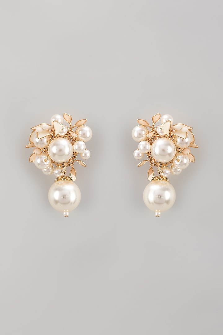 Gold Finish Pearl White Enameled Handcrafted Floral Stud Earrings by THE BEAUTIFUL SECRET at Pernia's Pop Up Shop
