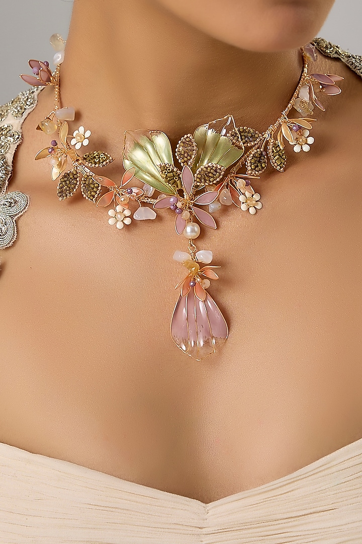 Gold Finish White Enameled Handcrafted Floral Choker Necklace by THE BEAUTIFUL SECRET at Pernia's Pop Up Shop