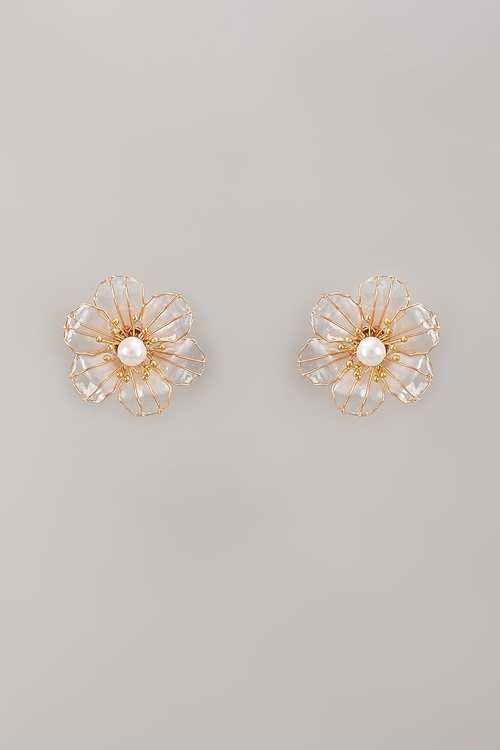 Gold Finish White Enameled Handcrafted Floral Stud Earrings by THE BEAUTIFUL SECRET at Pernia's Pop Up Shop