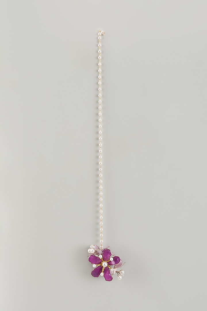 Gold Finish Purple Pearl Enameled Handcrafted Floral Maangtikka by THE BEAUTIFUL SECRET at Pernia's Pop Up Shop
